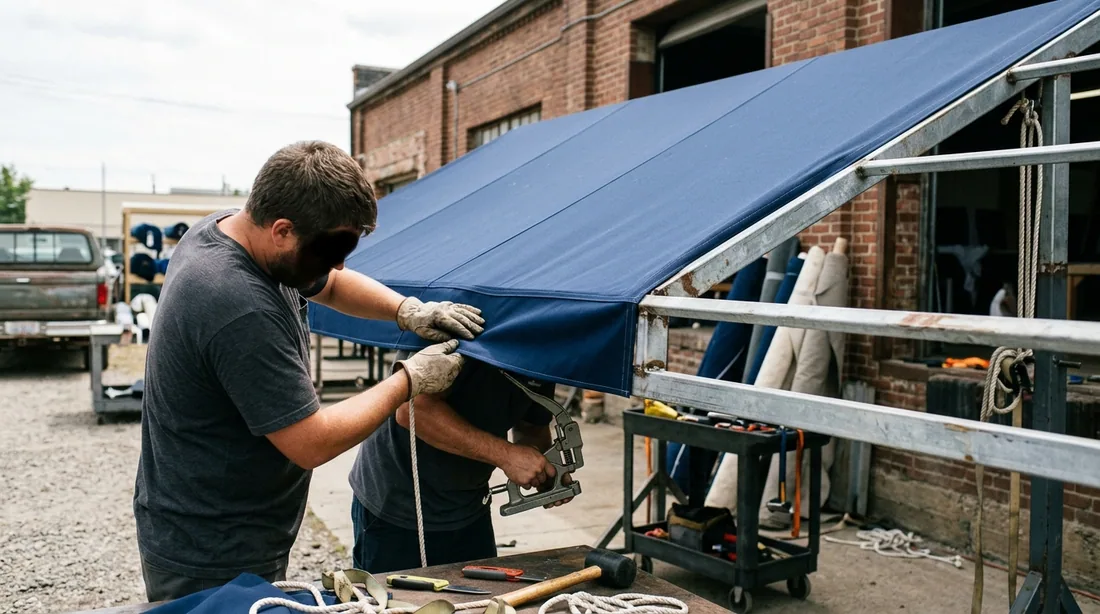Old cover stripped, frame inspected and repaired, new panels sewn or heat-welded and stretched over — Richmond, VA