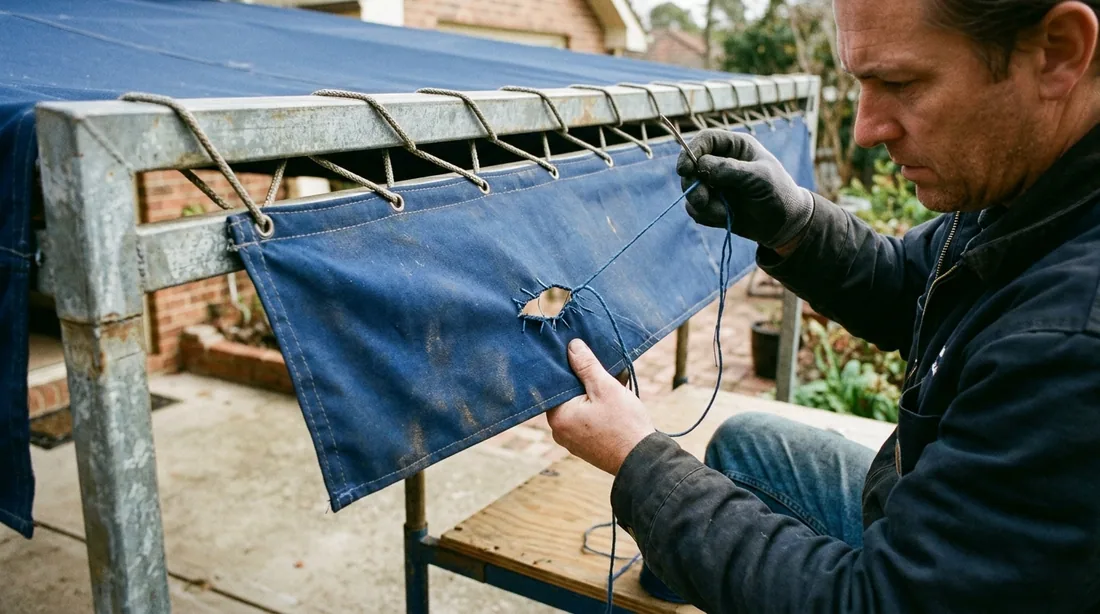 Patching tears, resewing blown seams, and relacing fabric to the frame — Richmond, VA