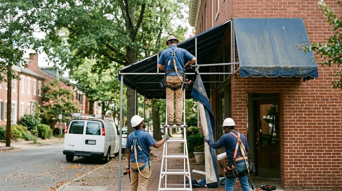 A small professional crew working on a awning repair job at a property, seen from behind and at a — Richmond, VA